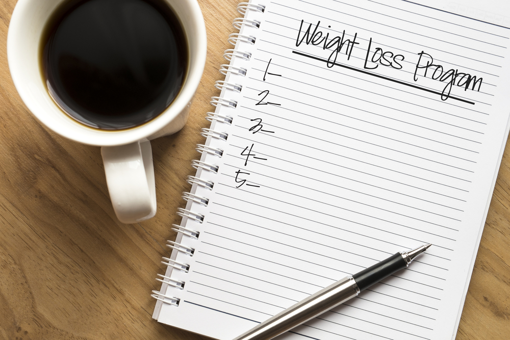 notepad, saying, weight, loss, program, with, coffee, in, the, corner